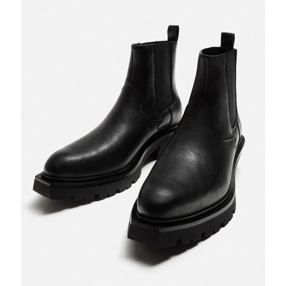 Zara Men Ankle High Cowboy Boots Black Round Toe Size US 8 EU 41 New